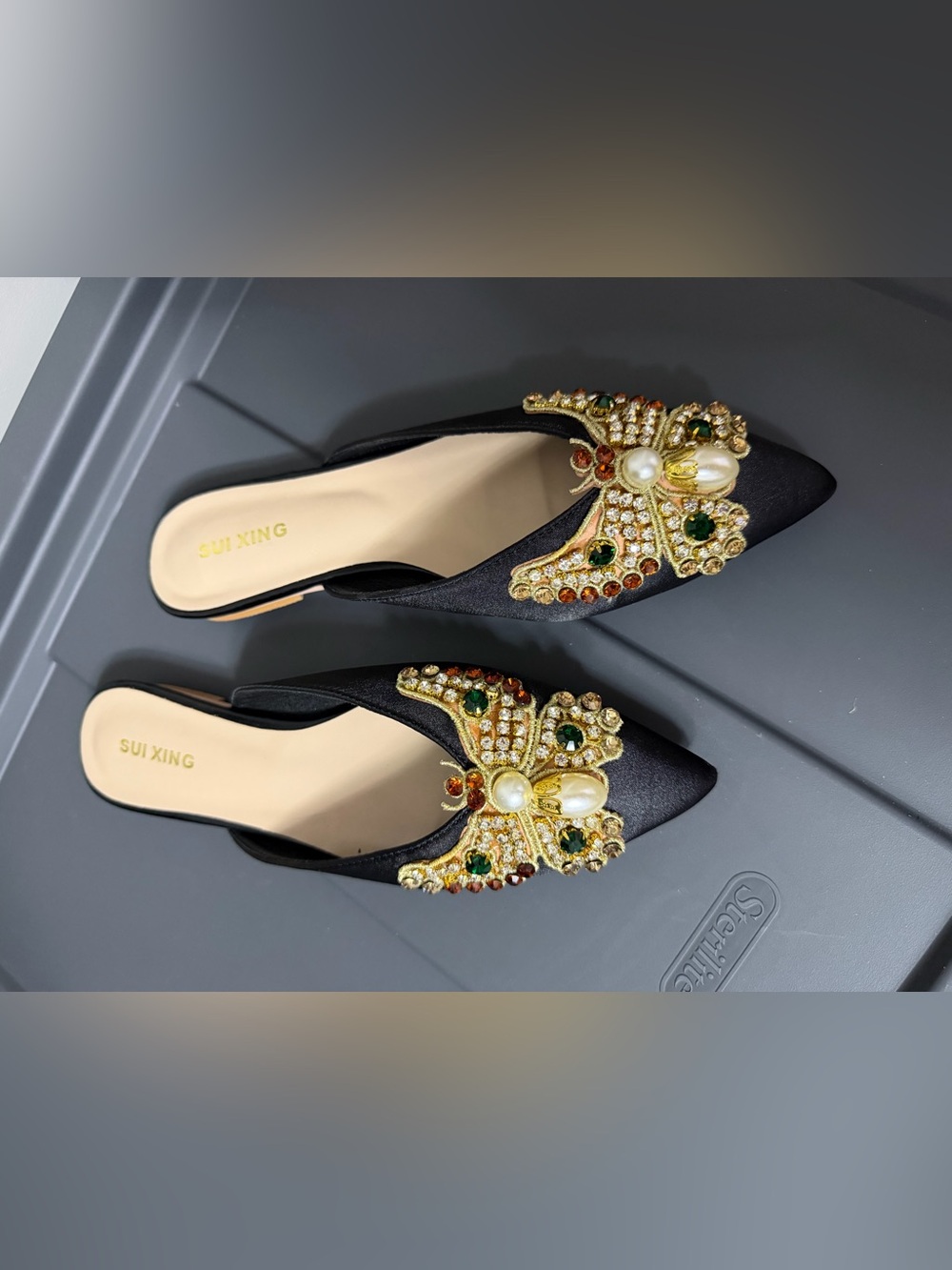 SUI XING Satin Butterfly Rhinestone Mule Flats Size 36
